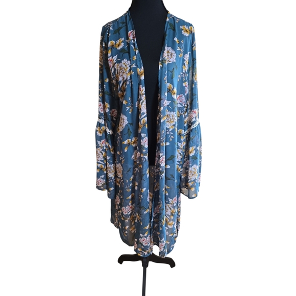 emma and grace Accessories - Emma And Grace Blue Floral Open-Front Kimono 2X